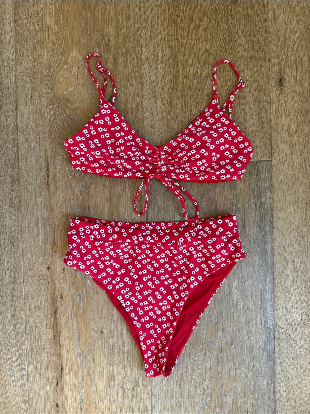 Red Floral Tie-Front Bikini Set size M